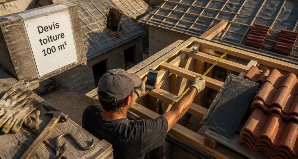 Prix d une toiture 100m2 : couvreur mesure la toiture sur chantier