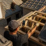 Prix d une toiture 100m2 : couvreur mesure la toiture sur chantier