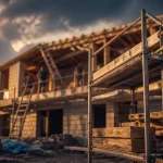Prix surélévation maison 40m2 : chantier avec échafaudage et ouverture de toiture