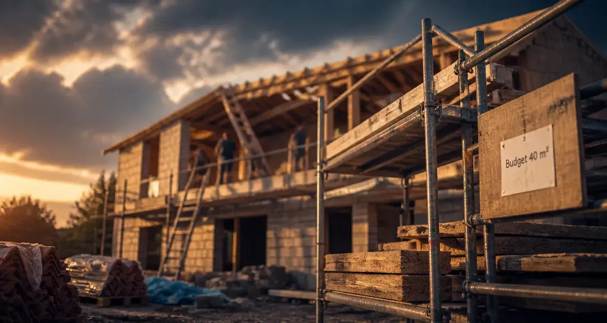 Prix surélévation maison 40m2 : chantier avec échafaudage et ouverture de toiture