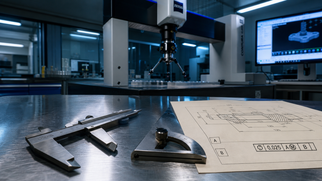 Tolérances géométriques : mesure au pied à coulisse en atelier de métrologie