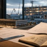 Construction immobilier entreprise : maquette et plans sur chantier, réunion projet