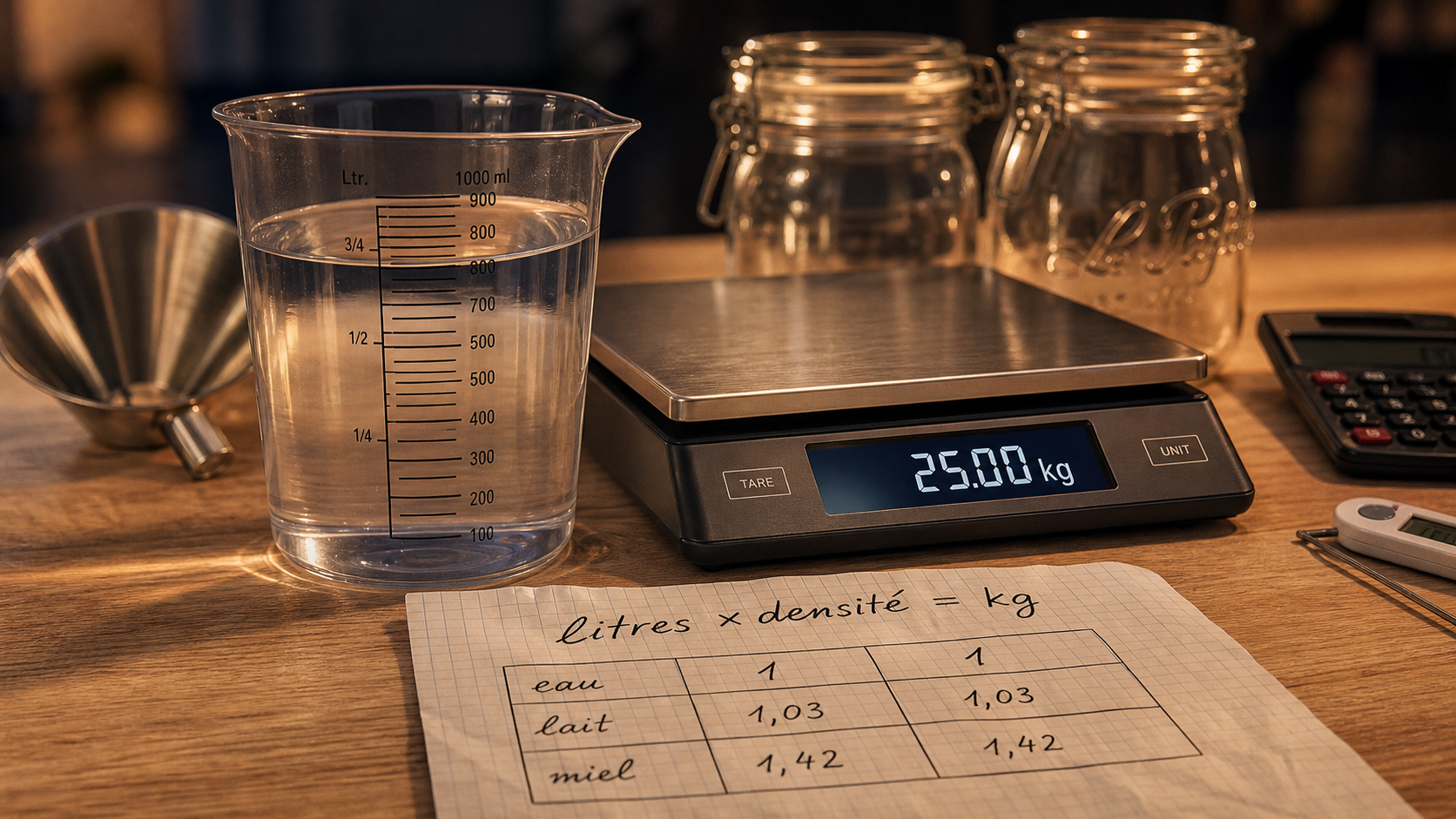 Conversion litre en kilogrammes : 1 litre équivaut à 1 kilogramme pour l’eau.