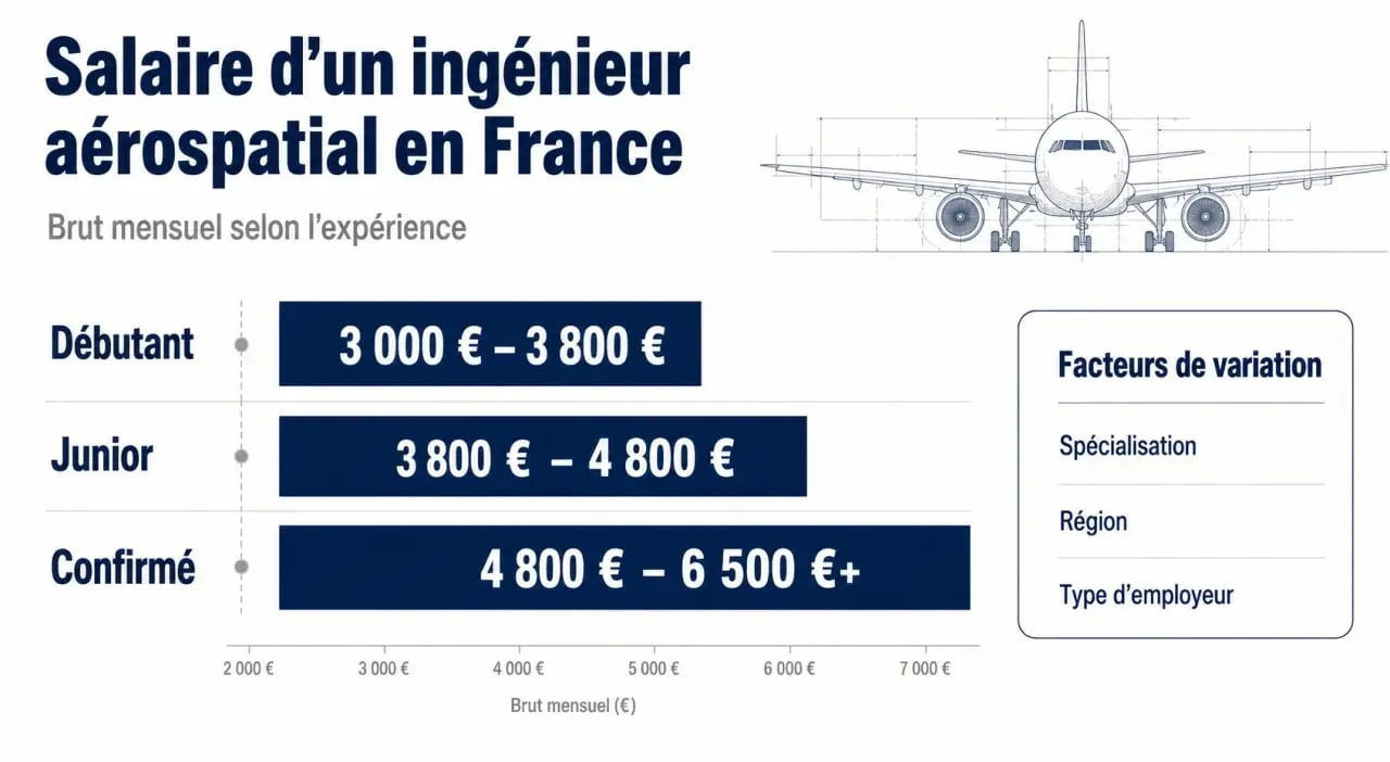 Infographie sur l’ingénieur aérospatial salaire en France avec les salaires selon l’expérience