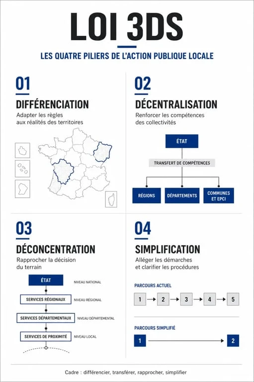 Schéma explicatif des quatre piliers de la loi 3DS : différenciation, décentralisation, déconcentration et simplification.