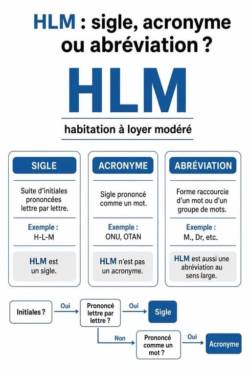 Infographie expliquant la différence entre sigle, acronyme et abréviation pour le terme HLM