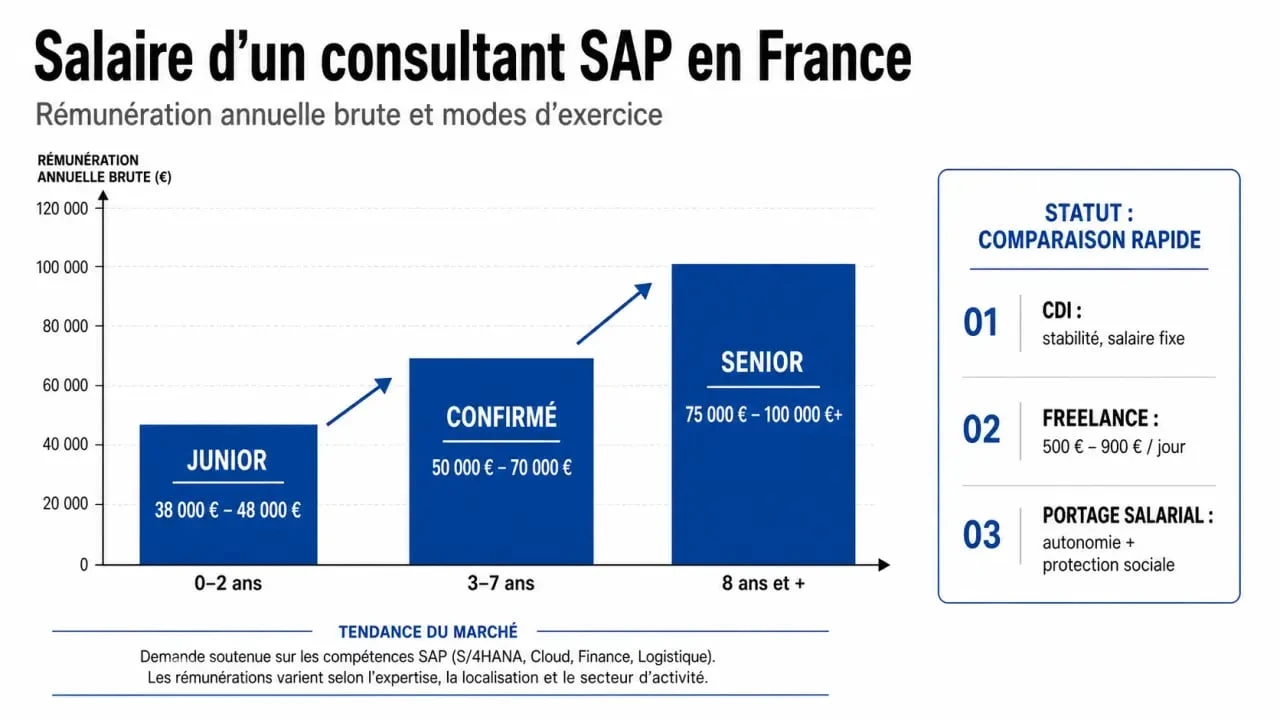 Consultant SAP salaire en France : infographie des fourchettes de rémunération selon l’expérience et le statut