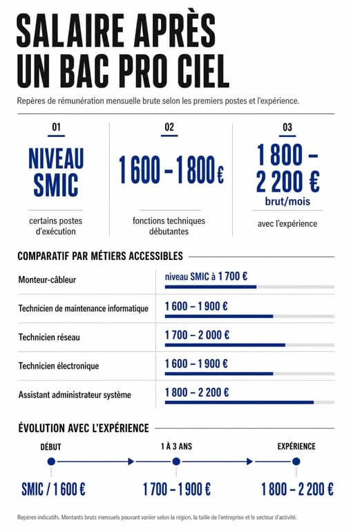 Infographie sur le bac pro CIEL salaire et les fourchettes selon les métiers