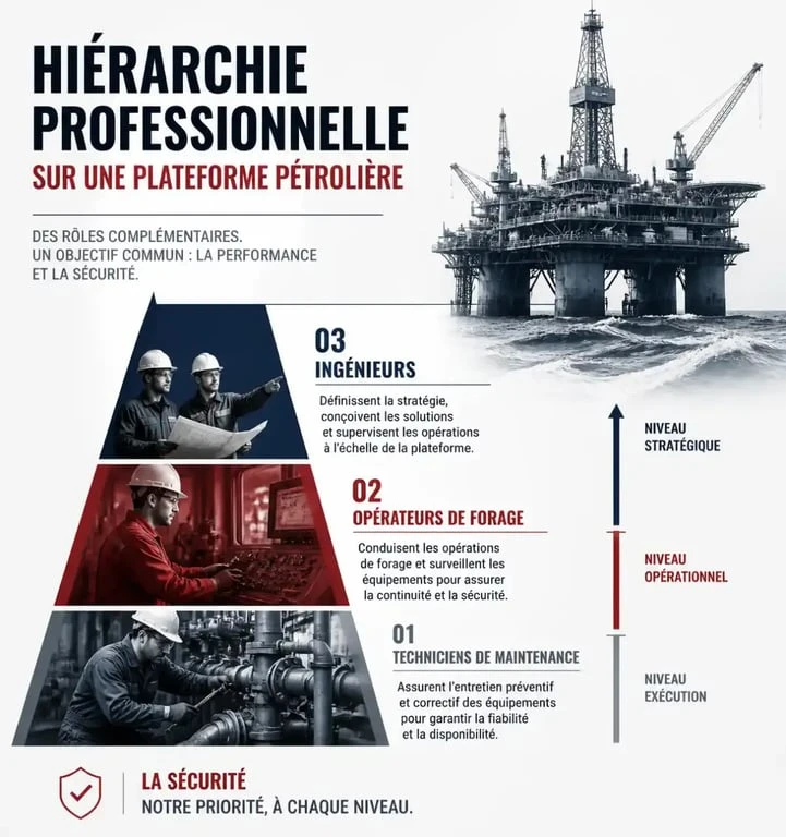 Hiérarchie des métiers et qualifications sur une plateforme pétrolière offshore
