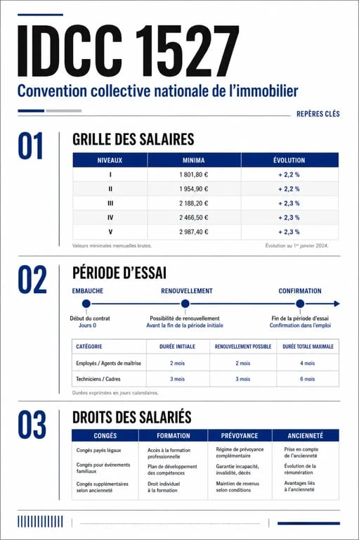 Infographie sur les points clés de la convention collective des agences immobilières IDCC 1527