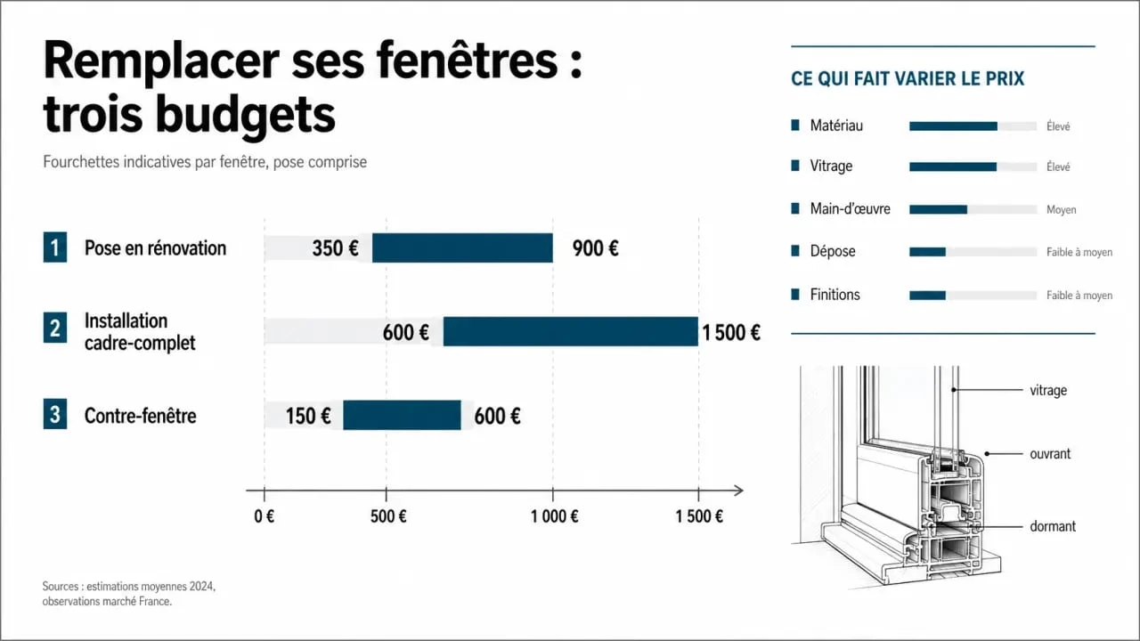 Prix remplacement fenêtre : comparaison visuelle des coûts de pose en rénovation, cadre-complet et contre-fenêtre