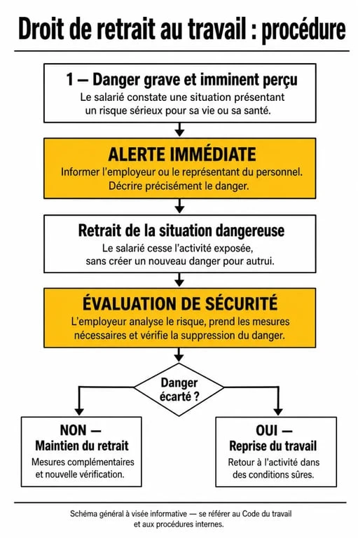 Infographie illustrant la procédure du droit de retrait selon le code du travail