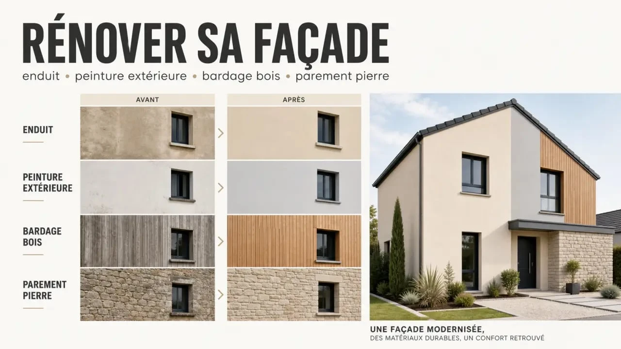 Solutions rénover ou embellir façade : avant/après d’une maison avec enduit, peinture, bardage et parement