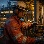 Plateforme pétrolière emploi : technicien offshore vérifie une vanne sur le pont