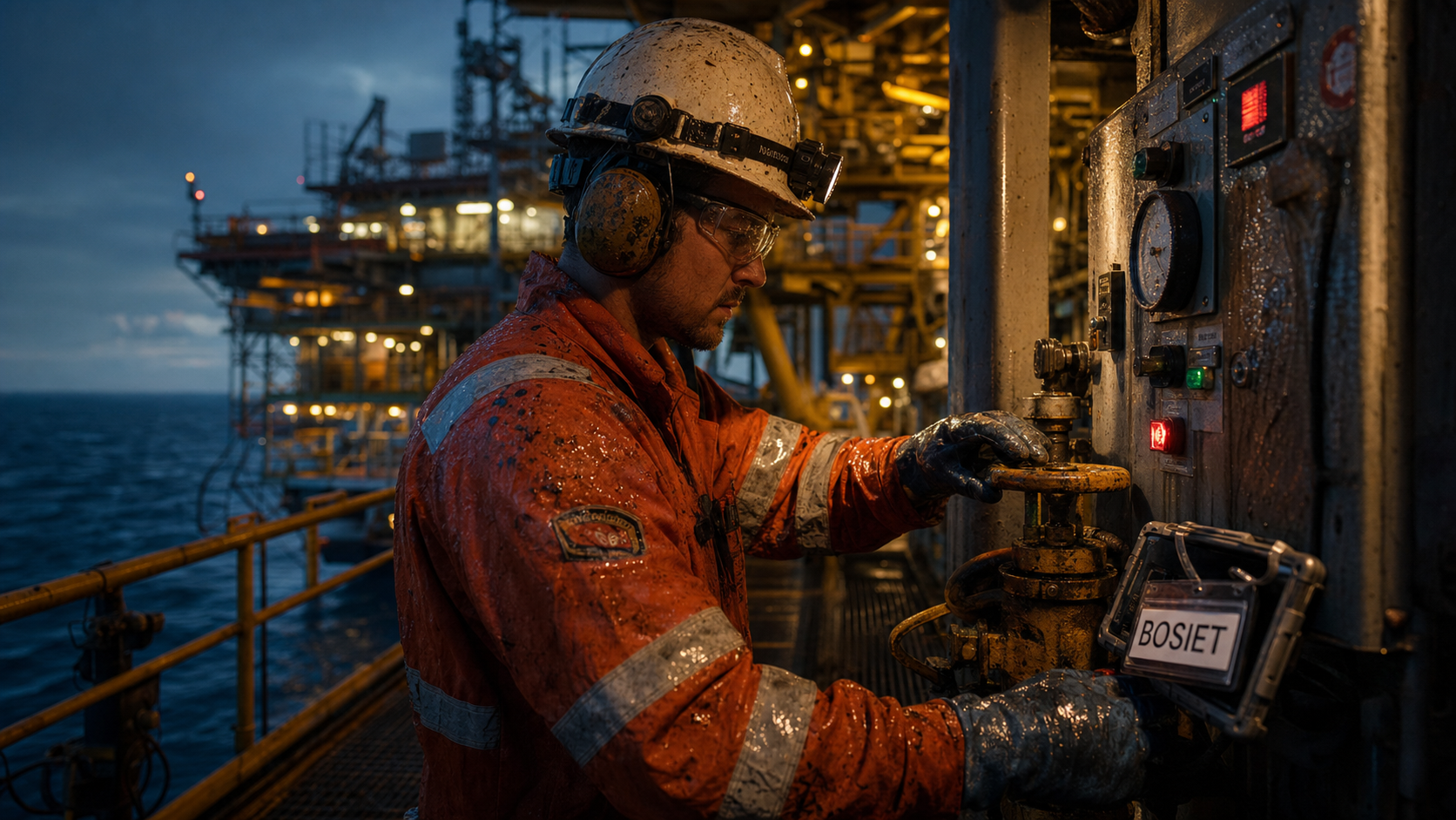 Plateforme pétrolière emploi : technicien offshore vérifie une vanne sur le pont