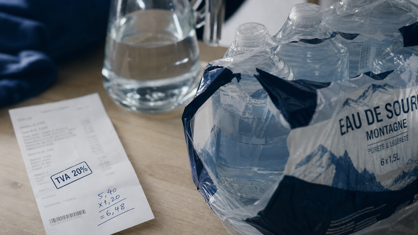 tva eau 20% bouteille jetable, pas pour le robinet