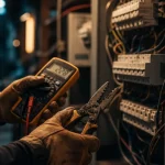 Electricien salaire net : multimètre et tableau électrique ouvert
