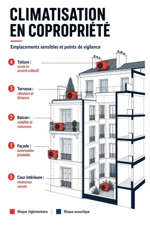 Jurisprudence climatisation copropriété : schéma des emplacements à risque en immeuble