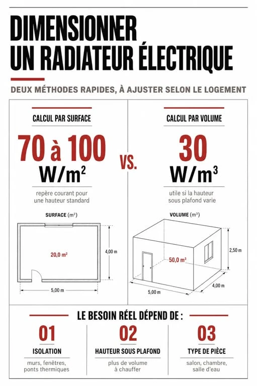 Puissance radiateur électrique par m2 : comparaison visuelle du calcul en m² et en m³ selon l’isolation et la hauteur sous plafond