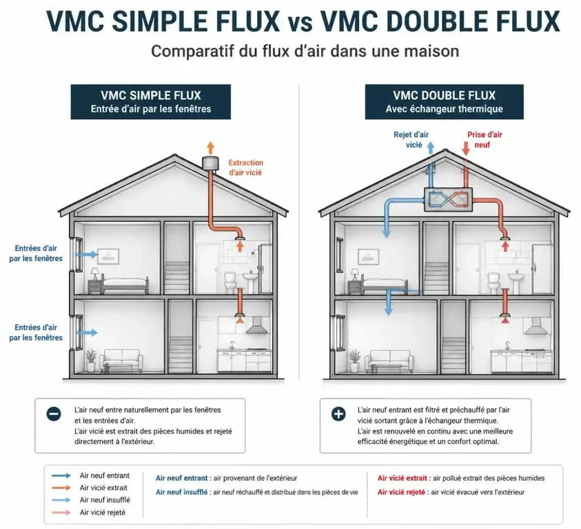 Schéma comparatif des systèmes de ventilation et climatisation pour une maison saine
