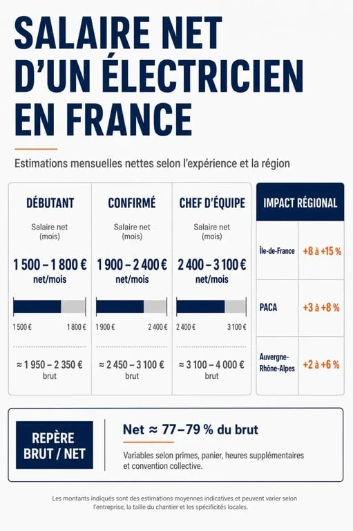 Infographie sur le electricien salaire net en France selon l’expérience et la région
