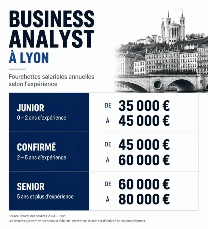 Infographie des salaires pour un emploi Business Analyst à Lyon par niveau d'expérience