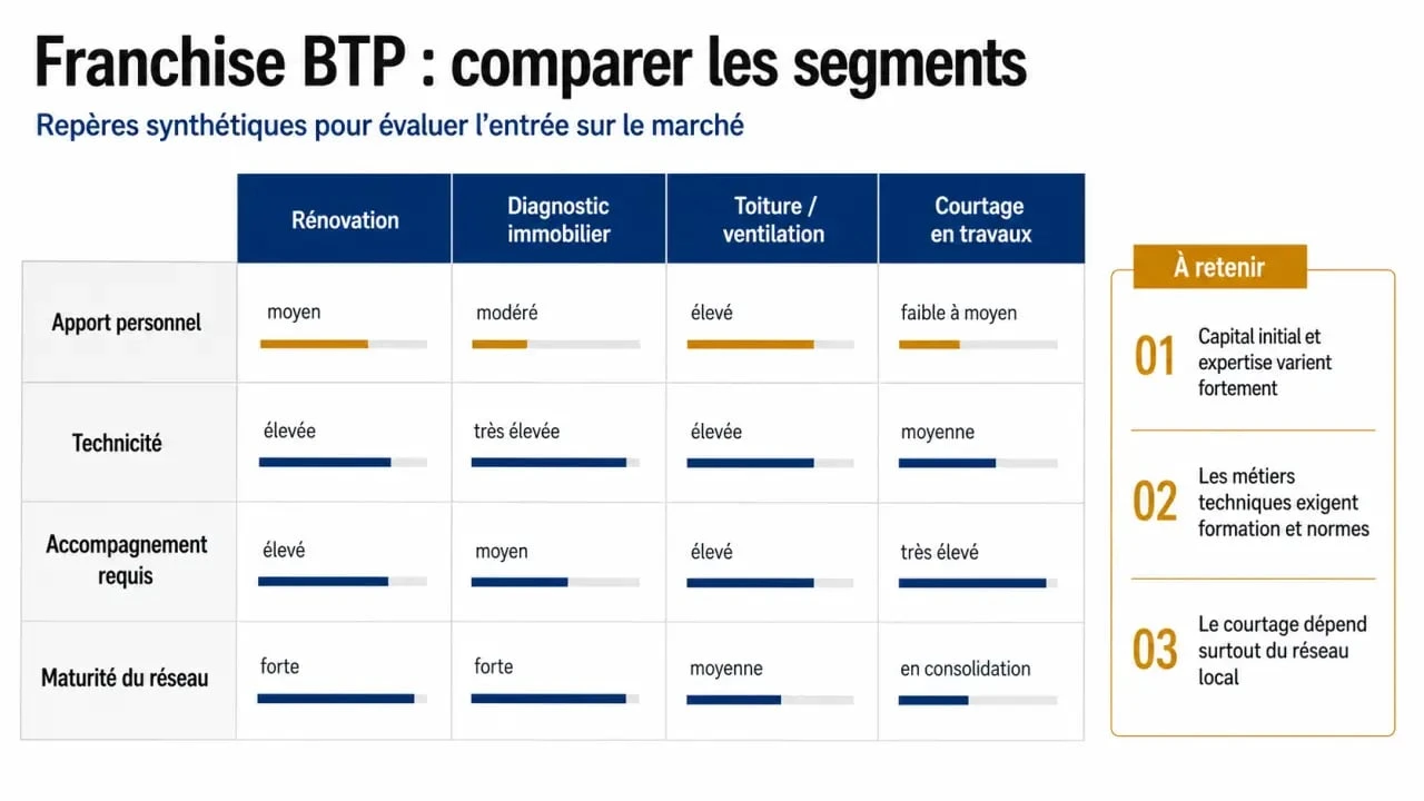 Comparatif visuel d’une franchise BTP avec les principaux métiers, l’apport personnel et le niveau d’accompagnement
