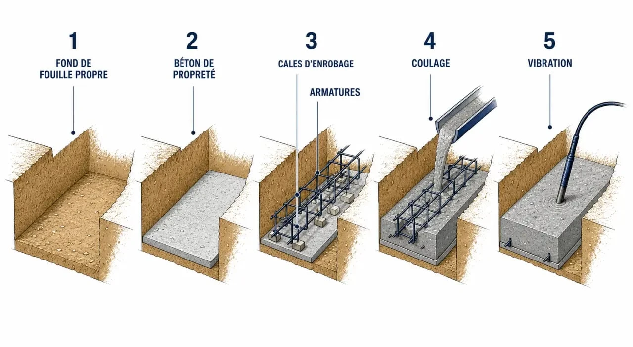 Béton fondation : schéma éditorial d’une semelle filante avec fond de fouille, béton de propreté, armatures et coulage