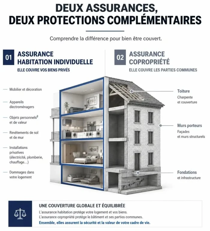 Schéma explicatif de l'assurance copropriété 2 lots : différence entre assurance individuelle et assurance immeuble