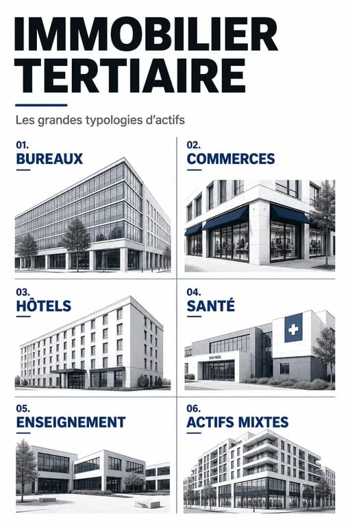 Immobilier tertiaire : typologies de bureaux, commerces, hôtels, santé et actifs mixtes dans un visuel éditorial