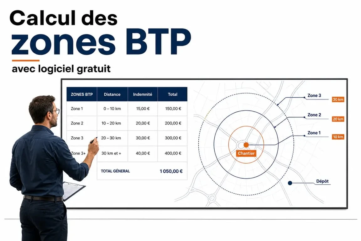 Logiciel calcul zone BTP gratuit : schéma du calcul entre dépôt, chantier et zone kilométrique