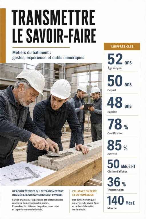 L'importance de la transmission du savoir-faire dans les métiers du bâtiment illustrée par un visuel éditorial avec apprentissage, mentorat et chiffres clés.