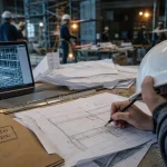 Ingénierie du bâtiment : plans BIM sur table de chantier