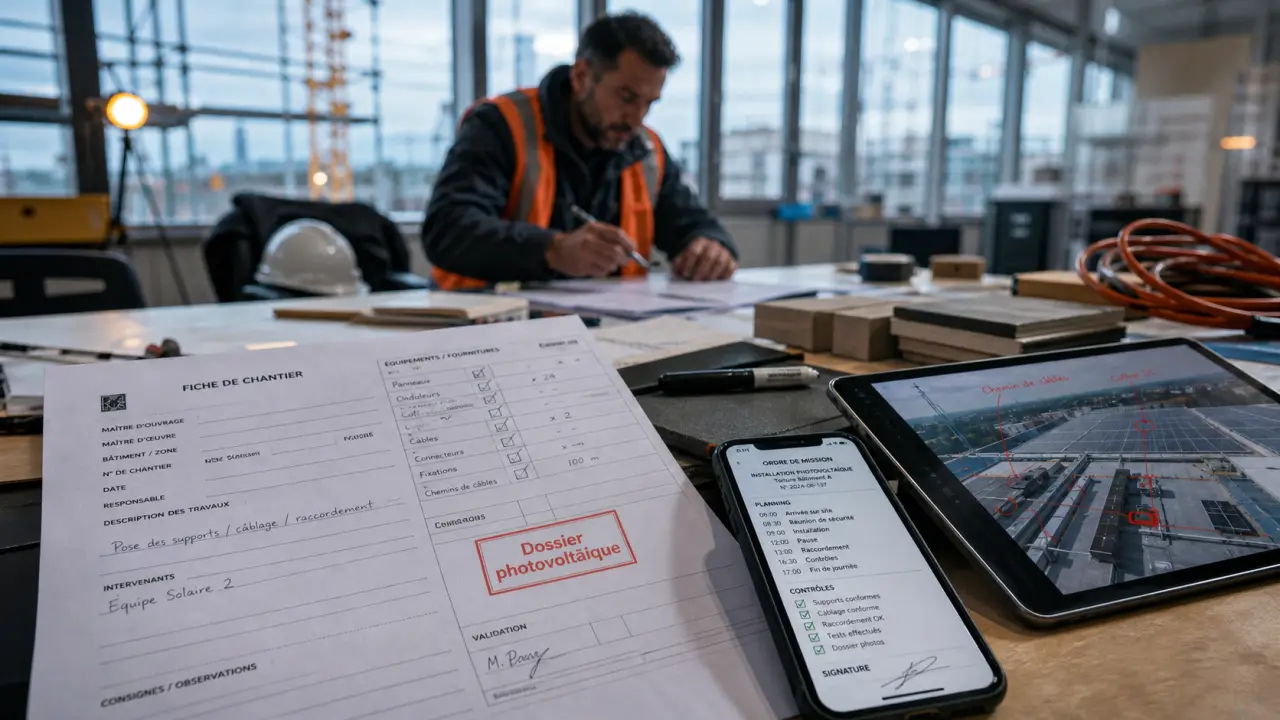 Logiciel gestion chantier photovoltaïque : planning chantier, photos toiture et rentabilité sur fiches