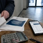 Tarif assurance petite copropriété : syndic consulte devis assurance en hall d’immeuble