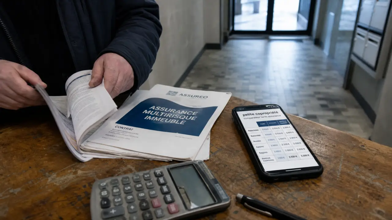 Tarif assurance petite copropriété : syndic consulte devis assurance en hall d’immeuble