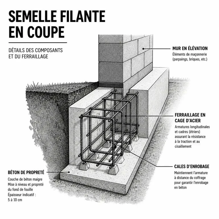 Schéma technique du ferraillage de fondations en semelle filante