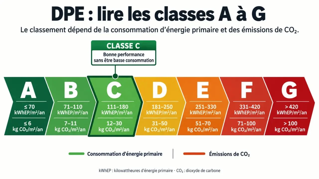 Infographie pour comprendre si un DPE classe C est bien parmi les classes énergétiques A à G