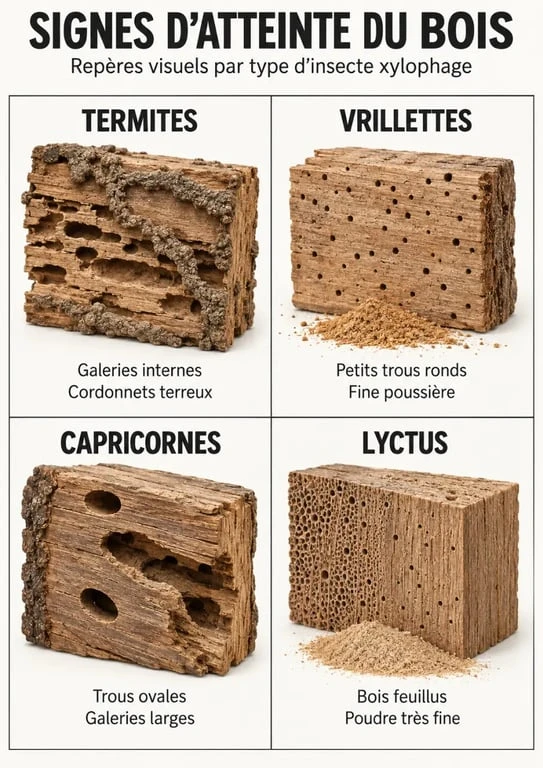 Diagnostic insectes xylophages : signes comparés des termites, vrillettes, capricornes et lyctus