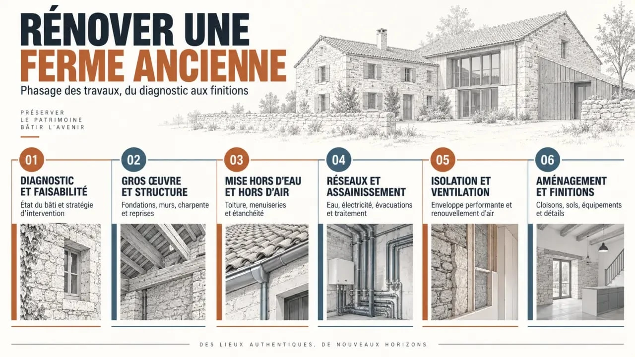 Infographie du phasage d'une rénovation de ferme ancienne, du diagnostic aux finitions