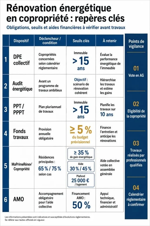 Rénovation énergétique en copropriété : seuils réglementaires, aides et conditions d’accès résumés visuellement