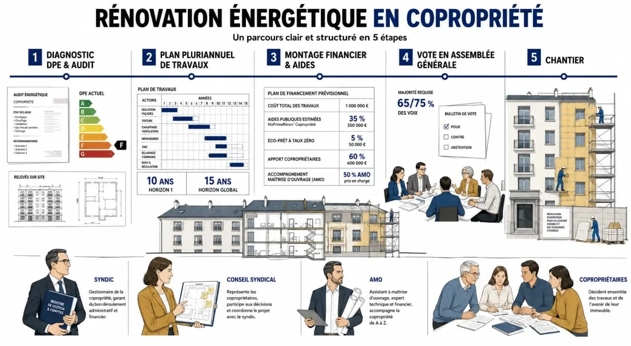 Rénovation énergétique en copropriété : parcours de décision du diagnostic au chantier avec seuils et acteurs clés