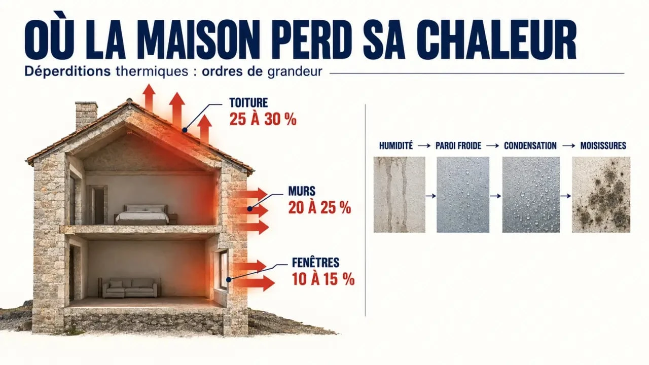 DPE maison ancienne en pierre : déperditions par la toiture, les murs et les fenêtres et rôle de l’humidité