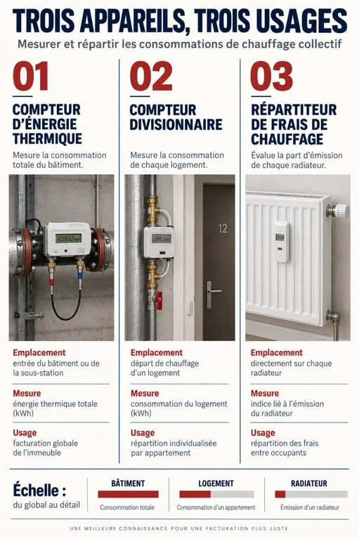 Compteur du chauffage, compteur divisionnaire et répartiteur de frais de chauffage comparés