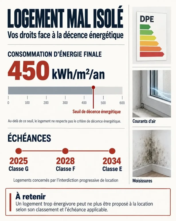 Logement mal isolé droit locataire : seuil énergétique et calendrier des classes DPE