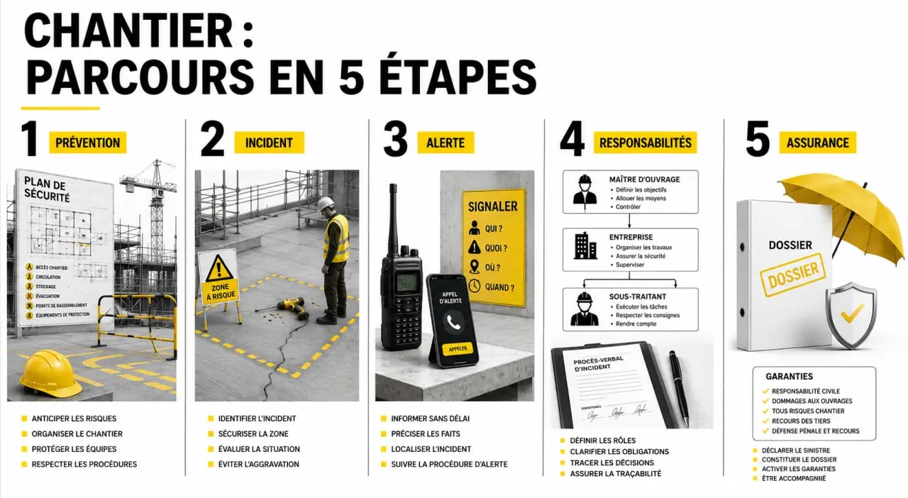 Gérer les risques et responsabilités sur les chantiers de construction : schéma du parcours prévention, accident, déclaration, responsabilité et assurance
