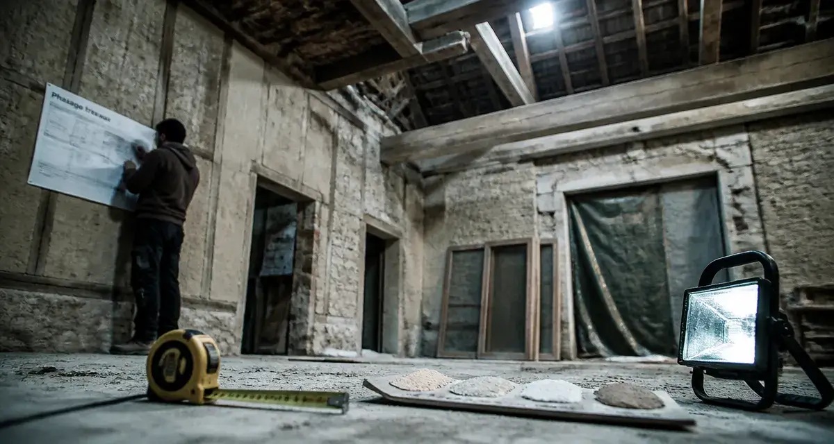 Renovation ferme : intérieur ancienne ferme en rénovation, mesure et enduits à la chaux