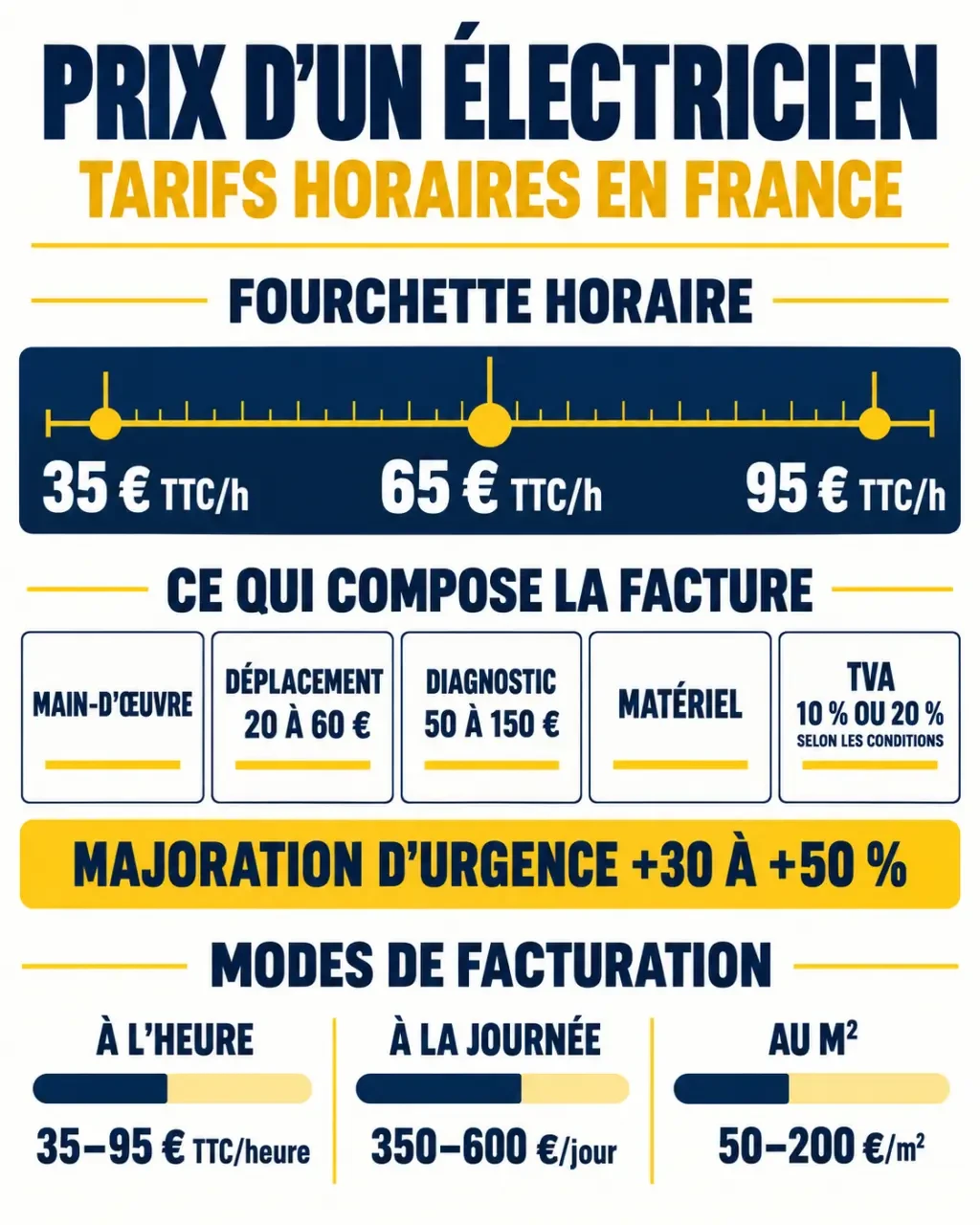Infographie sur le prix electricien heure, les frais de déplacement, le diagnostic et les majorations