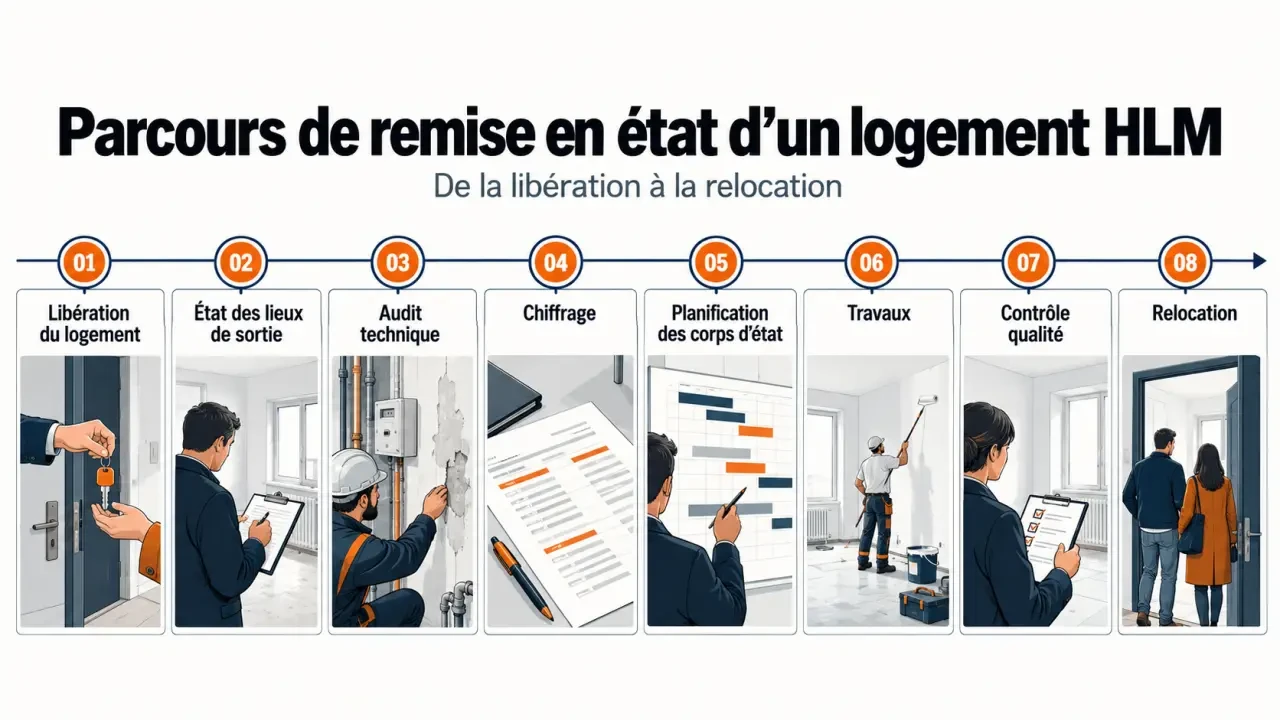 Infographie du parcours de remise en état d'un logement HLM avant relocation