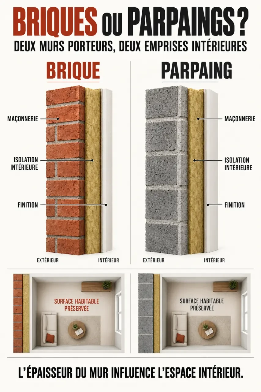 Infographie comparative des briques et parpaings avec l'épaisseur de l'isolation et du mur fini